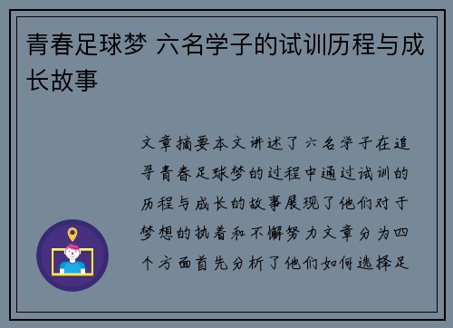 青春足球梦 六名学子的试训历程与成长故事 青春足球梦 六名学子的试训历程与成长故事